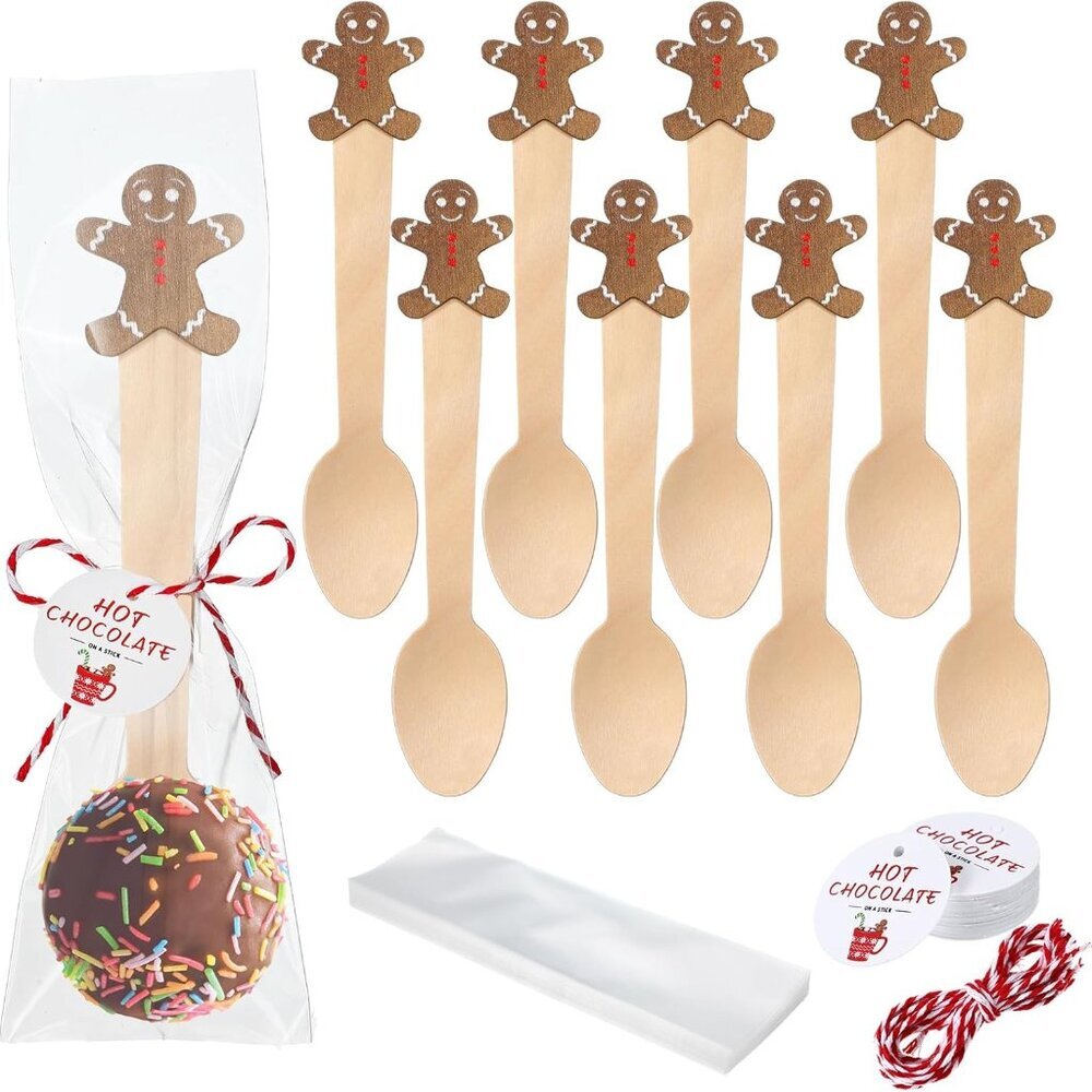 100 Set Christmas Wooden Spoons Hot Cocoa Chocolate Marshmallow Bar Stirring Spo